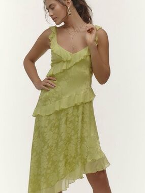 By Anthropologie V-Neck Ruffle Asymmetrical Midi Dress | Green